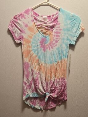 No Boundaries Tie-Dye Crisscross V-Neck Top - Pink, Blue & Peach